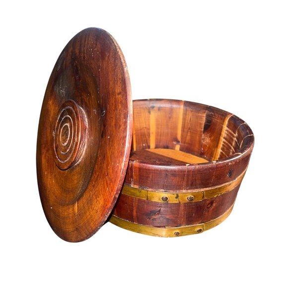 Vintage Wooden Bowl With Lid Rustic Storage Barrel - Picture 2 of 5